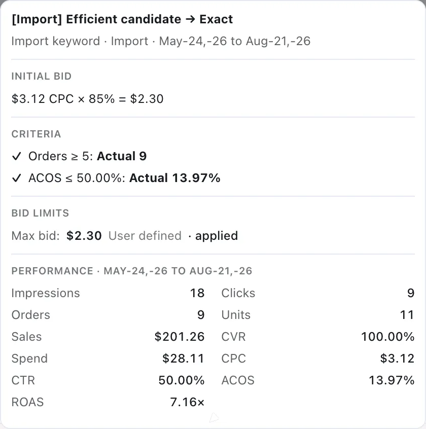 An analysis popover for an Import decision, showing the criteria that matched and the evidence behind them.