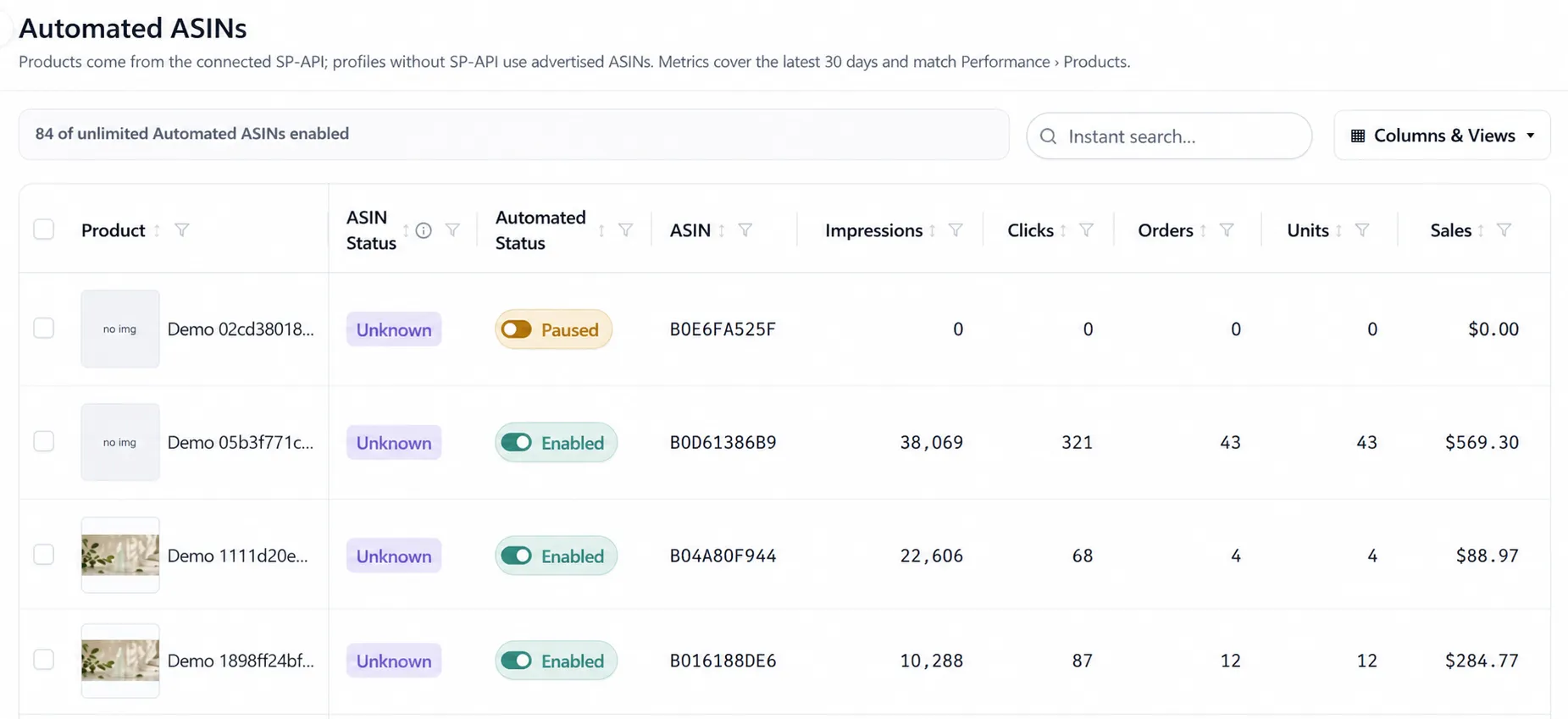 Automated ASINs list showing product statuses, enablement controls, and performance metrics
