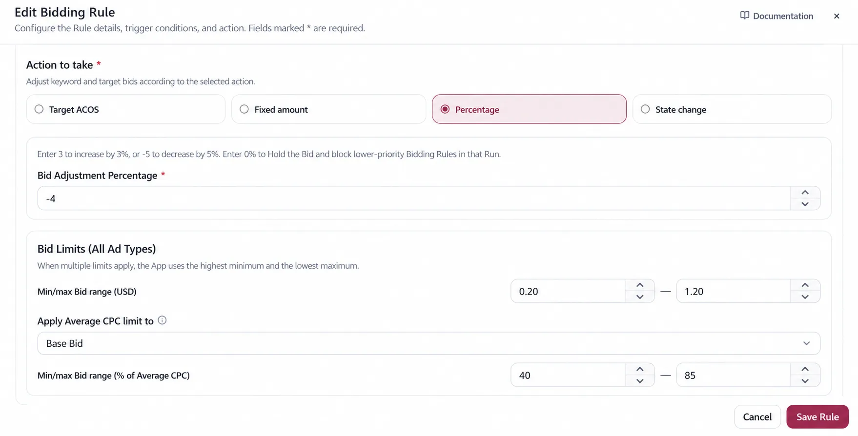 The action settings in the Edit Bidding Rule dialog
