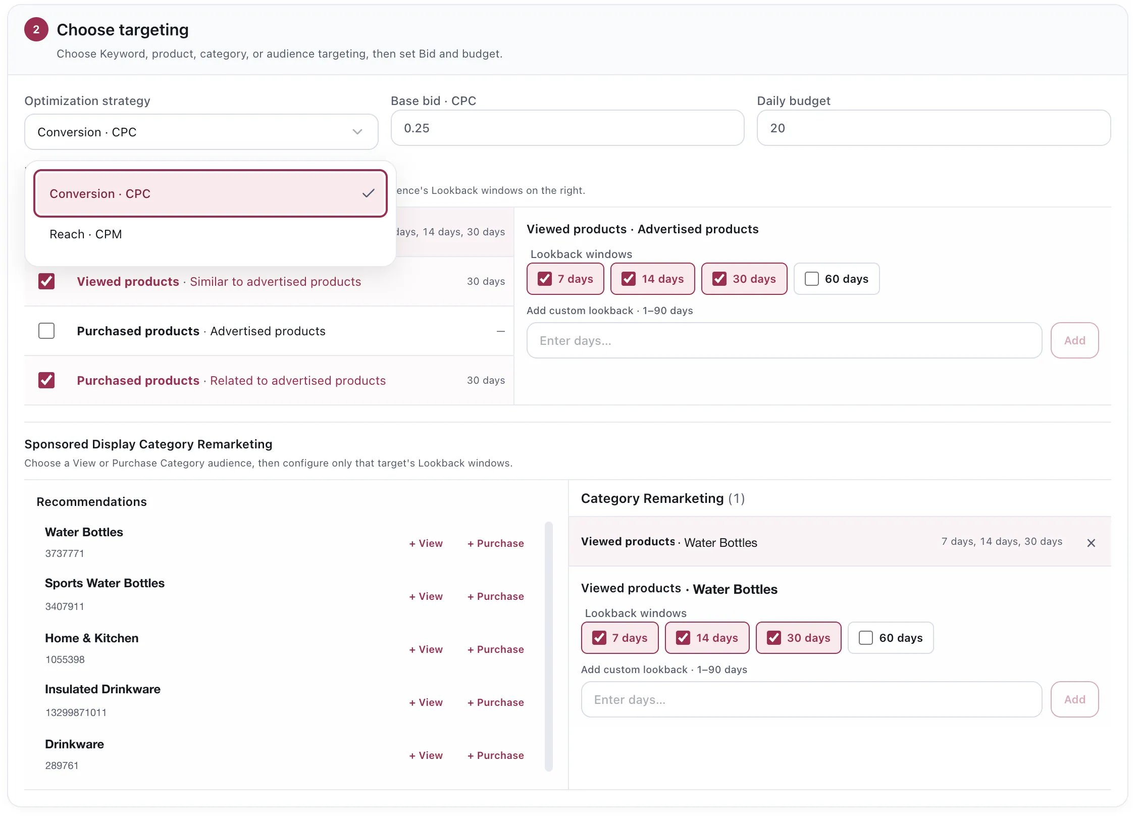The Choose targeting step for a Sponsored Display campaign. An optimization strategy dropdown offers Conversion at CPC or Reach at CPM. Below, remarketing audiences for viewed and purchased products each carry lookback windows of 7, 14, 30 or 60 days, or a custom value from 1 to 90 days. A Category Remarketing panel lists recommended browse categories with View and Purchase actions and the categories already chosen. Category names and identifiers are demo replacements.