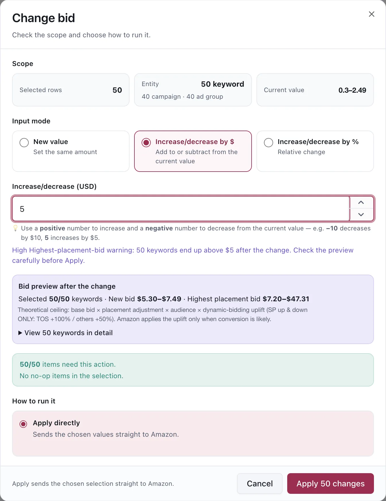 The Change bid dialog. A Scope row shows 50 selected rows, 50 keywords across 40 campaigns and 40 ad groups, and a current value range. Below it an Input mode row offers New value, Increase or decrease by dollars, and Increase or decrease by percent. A preview panel shows the resulting bid range and the highest placement bid range, and a summary states that 50 of 50 items need the action.