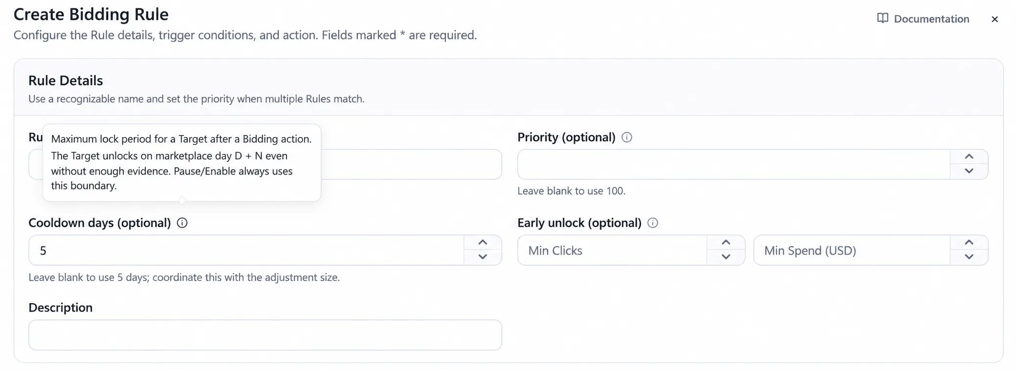 The cooldown settings in the Create Bidding Rule dialog