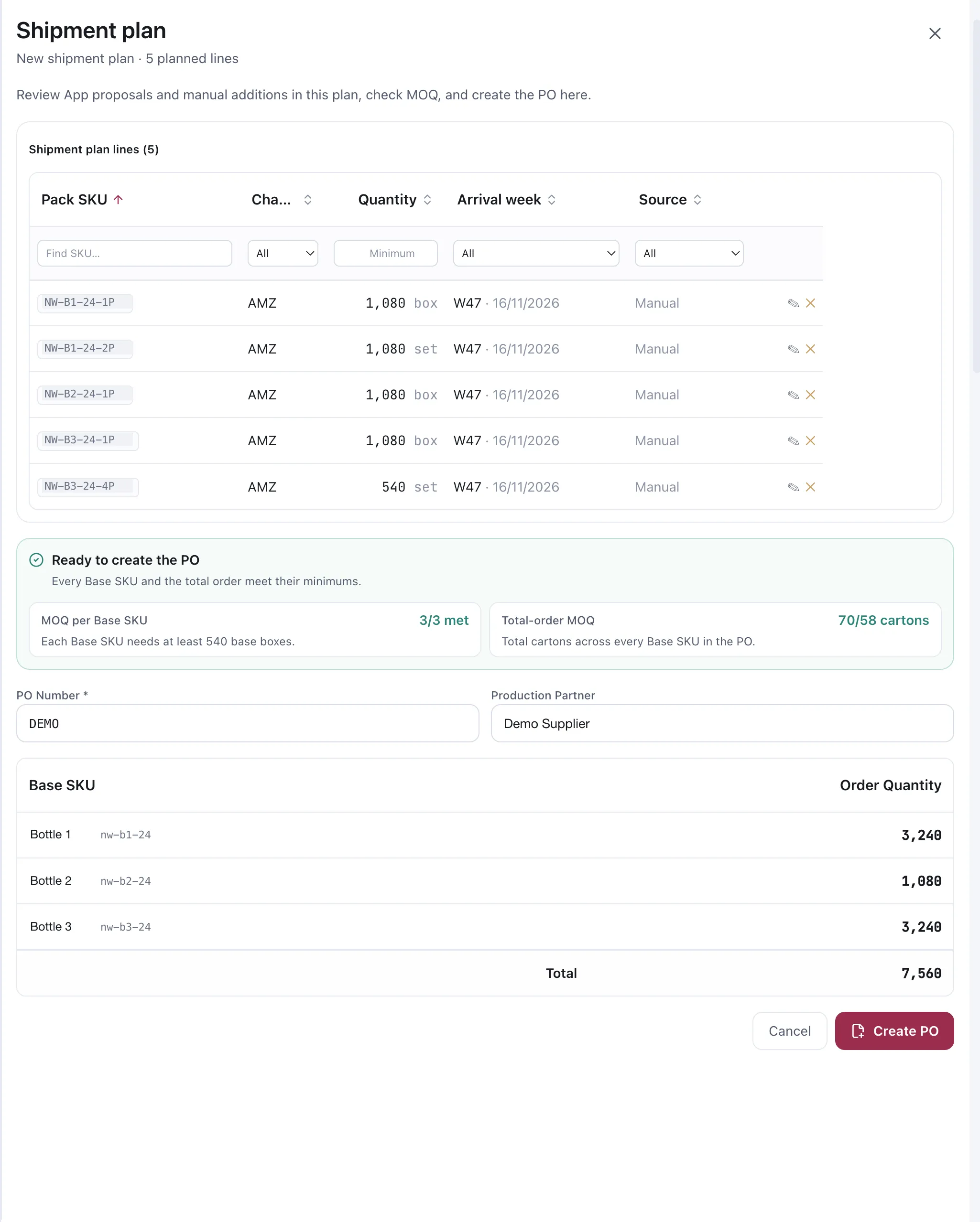 The shipment plan drawer at the point of creating a purchase order. A table lists five planned lines, each with a sales SKU, channel, quantity, arrival week and source. Below it a panel headed Ready to create the PO reports the per-production-SKU minimum and the total-order minimum. Fields for a PO number and a production partner sit above a production-SKU table with order quantities and a total, and a Create PO button. SKUs, product names, the PO number and the partner are demo replacements.