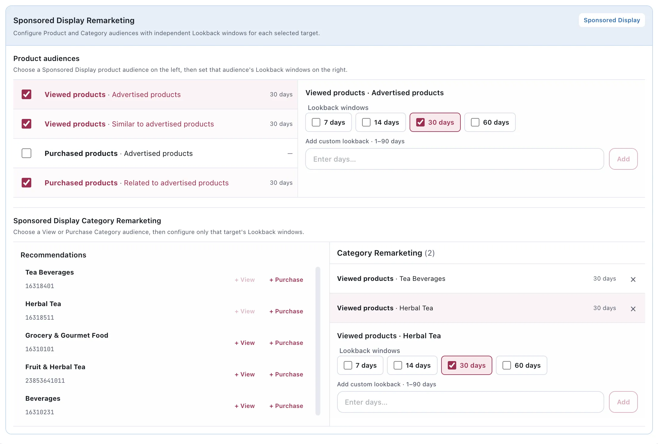 The Sponsored Display Remarketing step. Product audiences on the left offer viewed and purchased products, each with its own lookback window; the panel on the right sets lookback windows of 7, 14, 30 or 60 days for the selected audience, or a custom value between 1 and 90 days. Below, Category Remarketing lists recommended Amazon browse categories with View and Purchase actions, and the categories already chosen with their own lookback windows.