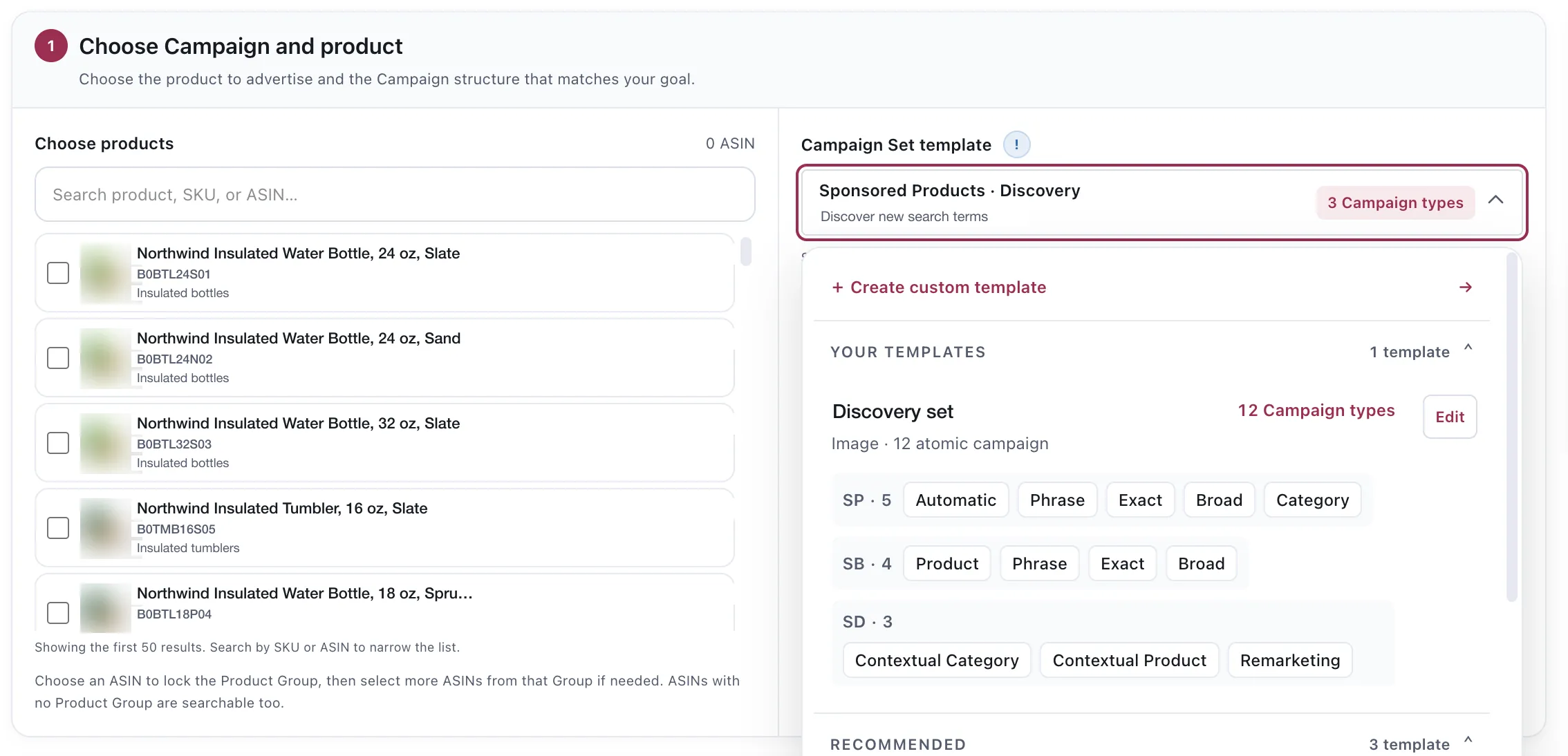 Step one of a Campaign Set. On the left a product picker with a search field and a list of matching products, each row showing a thumbnail, the listing title, the ASIN and the Product Line it belongs to, with a note that choosing an ASIN locks the Product Group. On the right the Campaign Set template panel, showing a selected Sponsored Products Discovery template and a saved template broken down into its supported ad-product patterns. Product names, ASINs and the template name are demo replacements.
