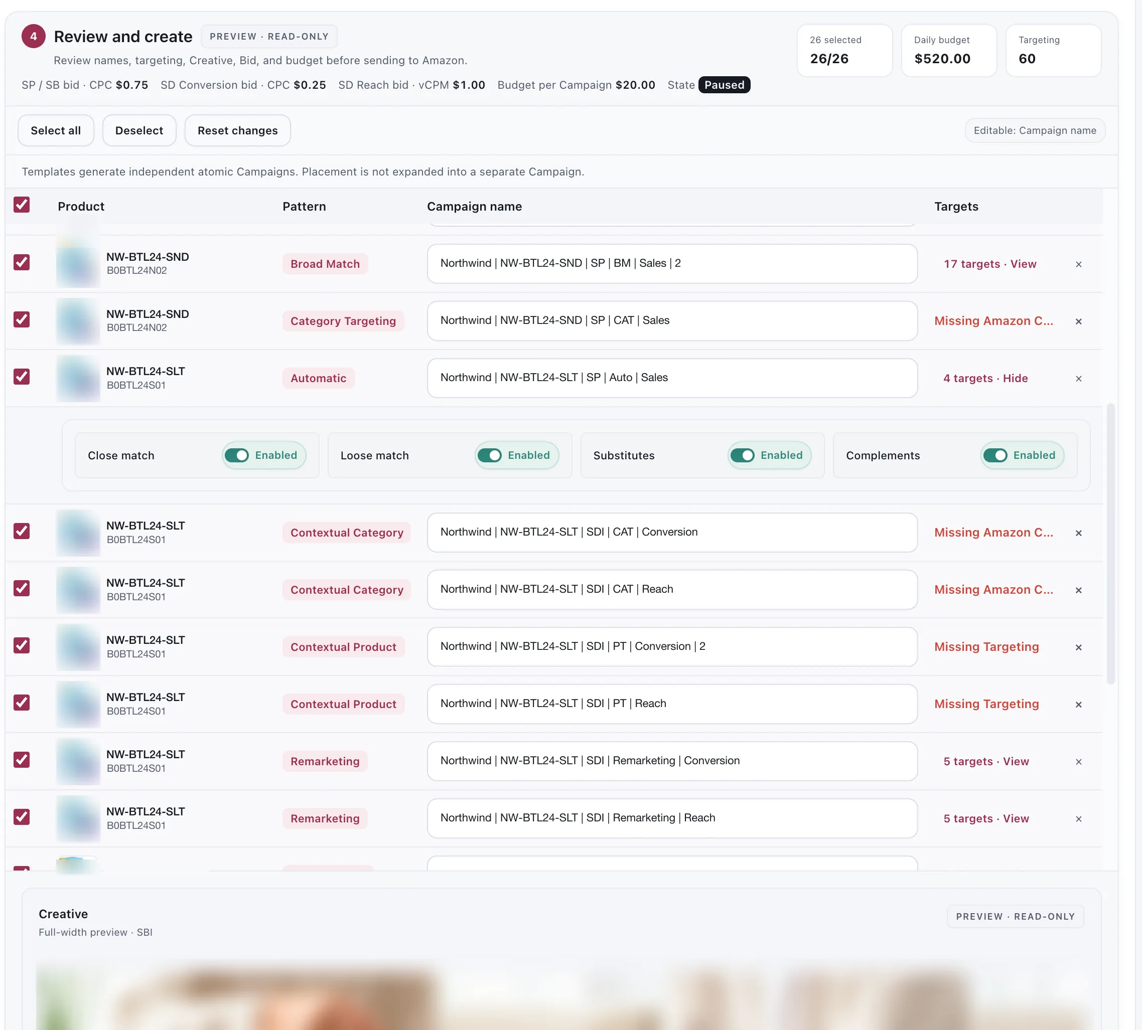 The Review and create step, marked preview and read-only. A header states the bid, budget and that new campaigns are created paused. A table lists one row per campaign the template expands into, each with its product, its targeting pattern, an editable campaign name and a target count, and rows that cannot be created yet say why. A Creative panel below shows the selected creative preview. Product names, ASINs and campaign names are demo replacements; the creative is blurred.