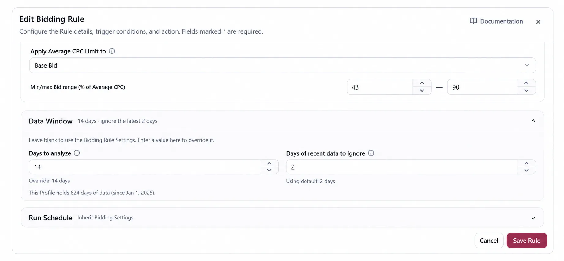 The Data Window settings in the Bidding Rule editor
