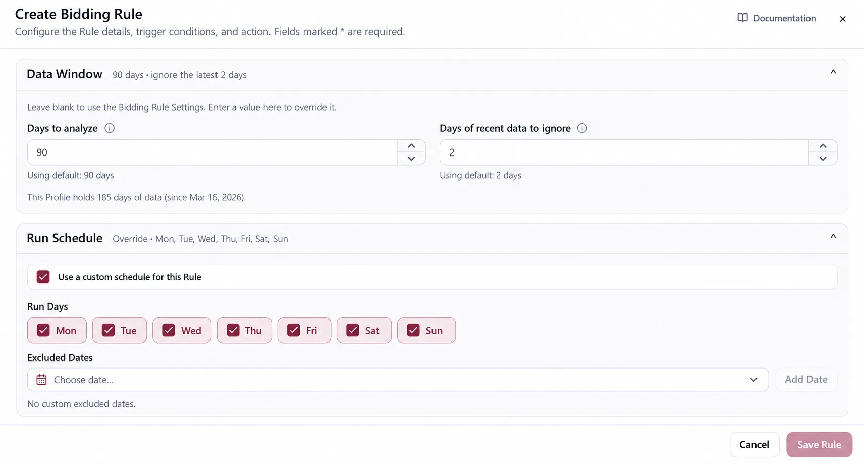 The Data Window and Run Schedule settings in the Create Bidding Rule dialog