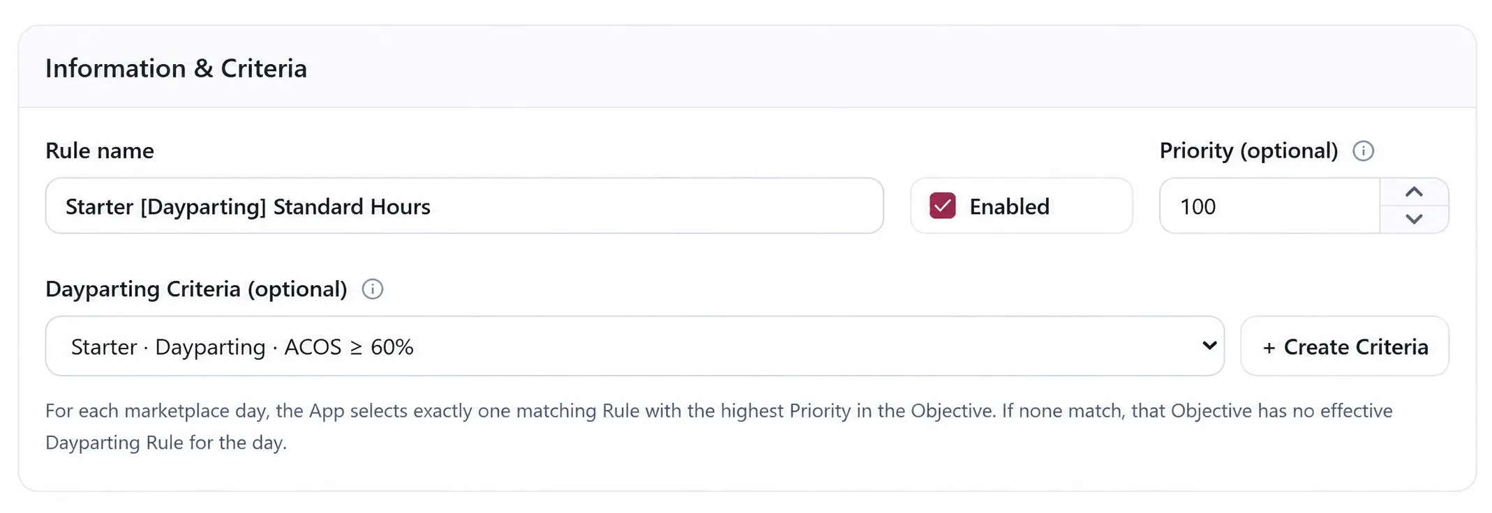 The Dayparting Criteria settings in the Edit Dayparting Rule dialog