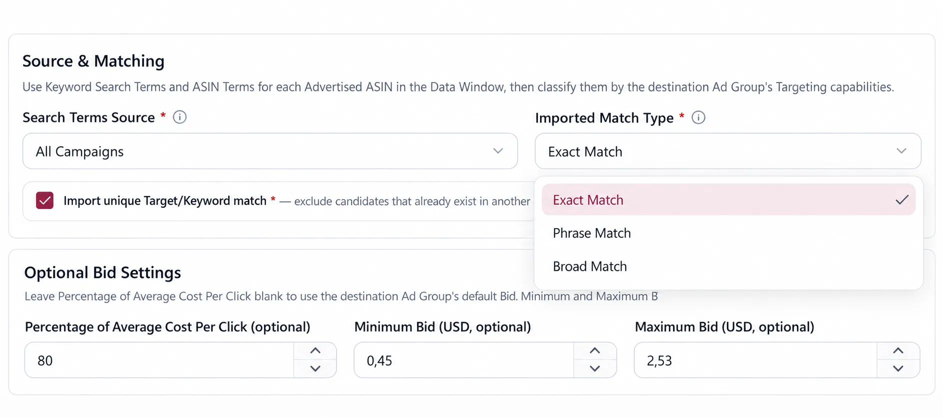 The Imported Match Type settings in the Edit Import Rule dialog
