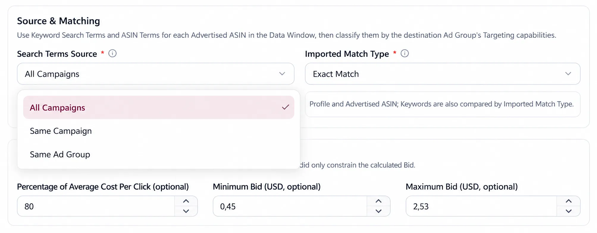 The Source and Matching settings in the Edit Import Rule dialog