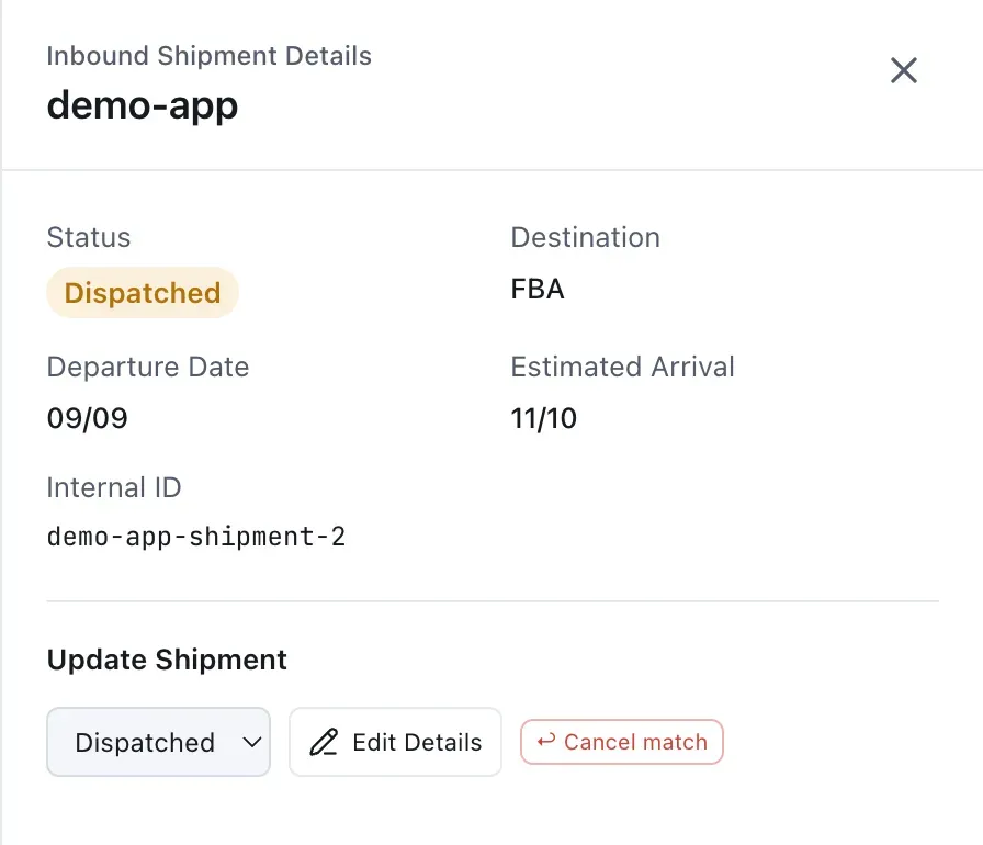 Inbound Shipment Details for a dispatched FBA lot. The panel shows shipment status, destination, departure date, estimated arrival, internal ID, and the controls used to update or cancel the match. Shipment identifiers and dates are sanitized demo data.
