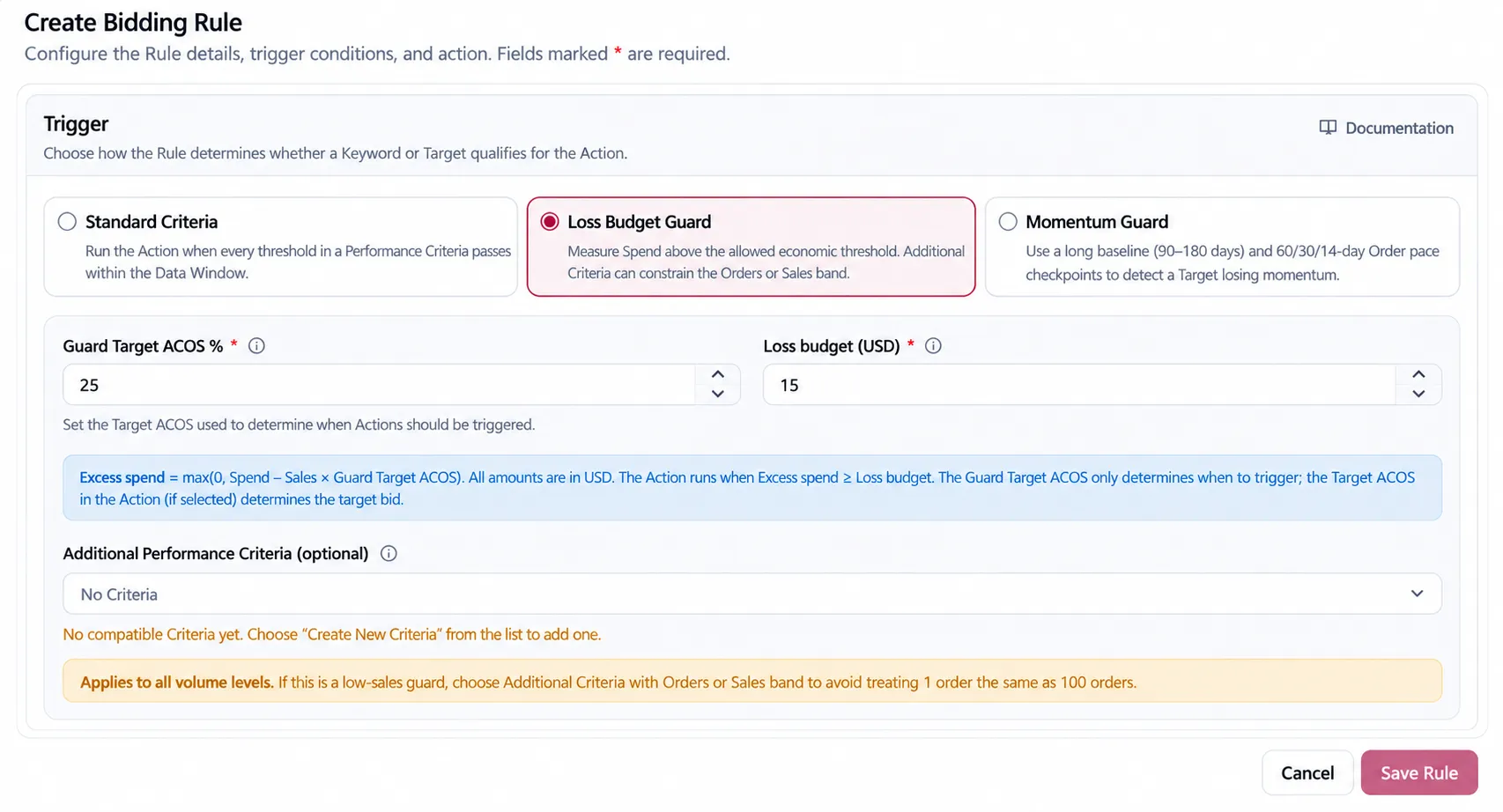 The Loss Budget Guard settings in the Bidding Rule editor