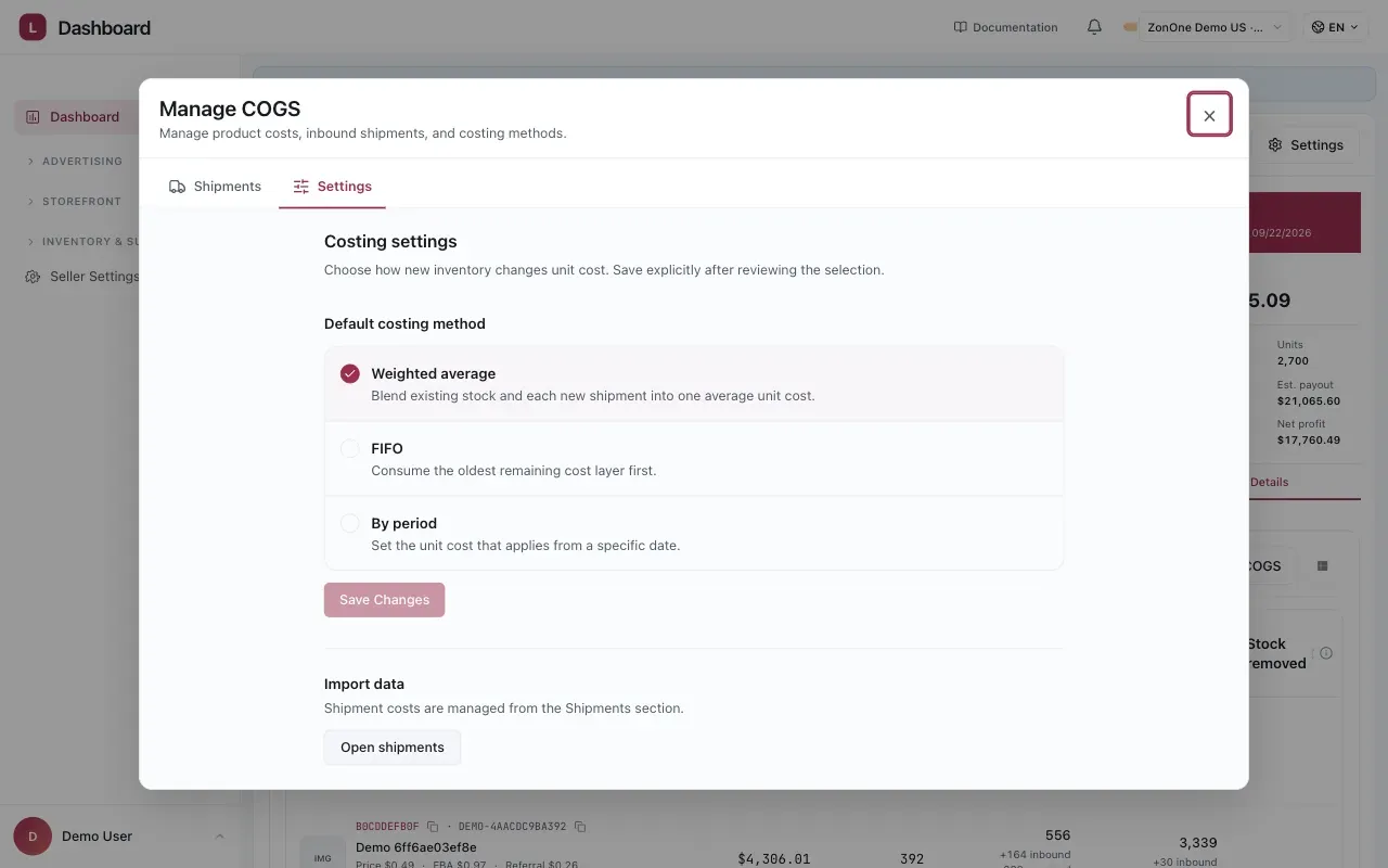 Manage COGS with Settings selected. The available default costing methods are Weighted average, FIFO, and By period, followed by a link back to shipment-cost imports.