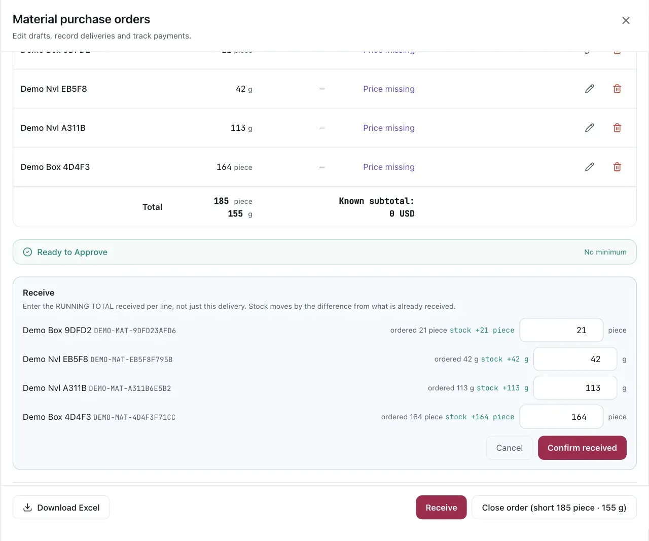 A material purchase order in its Receive view. Each material line shows the ordered amount, stock movement, and running received-total input; the footer separates receiving from closing the remaining balance short. Material names, codes, quantities, and costs are sanitized demo data.