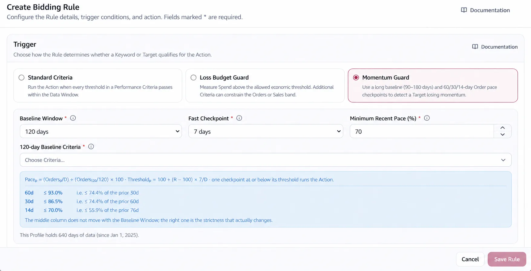The Momentum Guard settings in the Bidding Rule editor