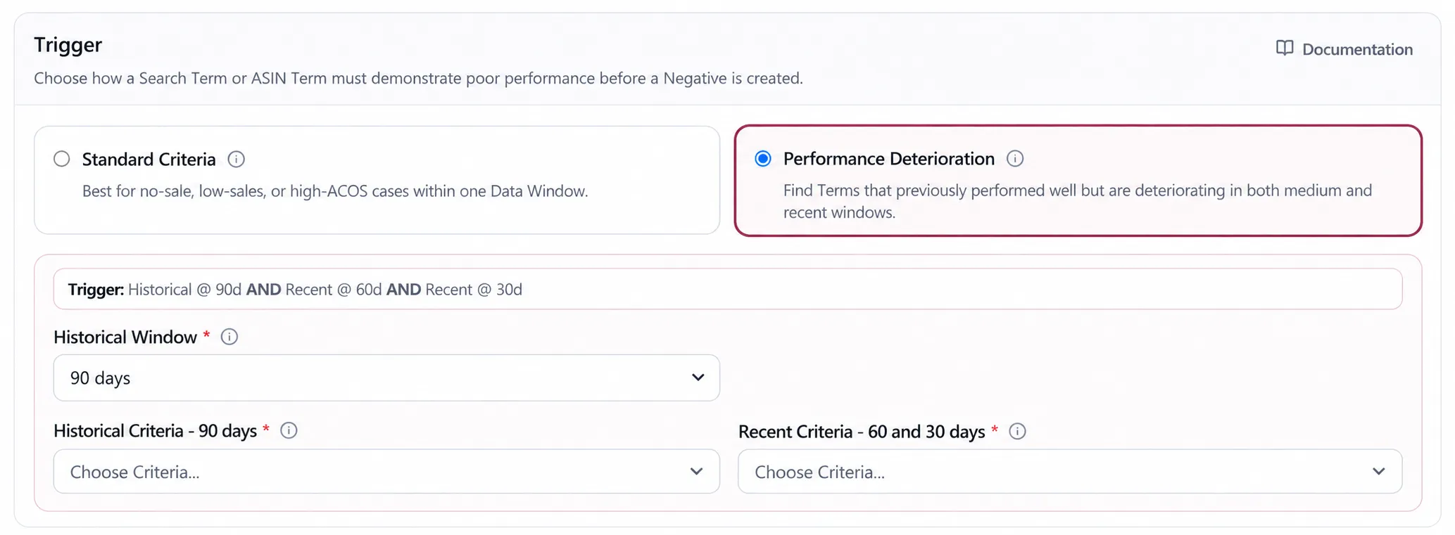 The Trigger settings in the Create Negative Rule dialog
