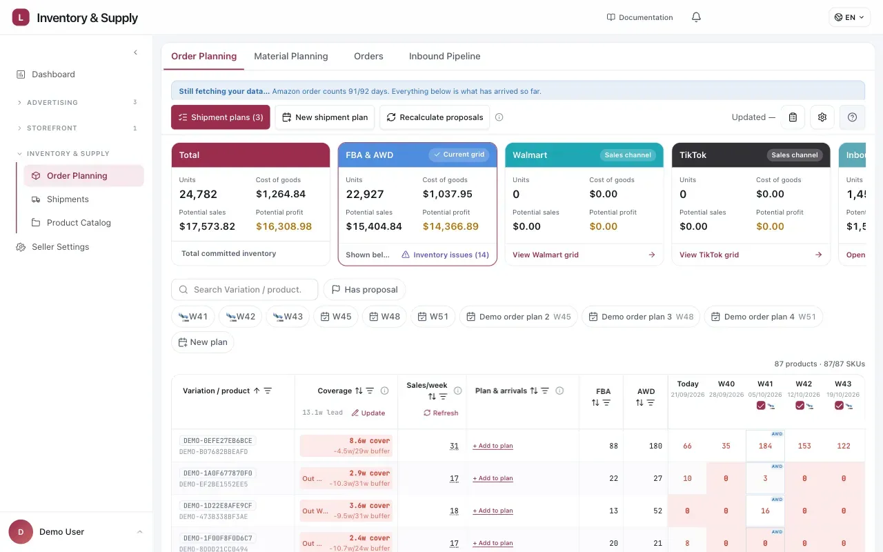 Order Planning in the Inventory and Supply workspace. Summary cards show committed inventory by channel, followed by week filters and a projection grid with coverage, sales rate, plan status, current FBA and AWD stock, and weekly balances. Product names, SKUs, plan names, dates, and figures are sanitized demo data.