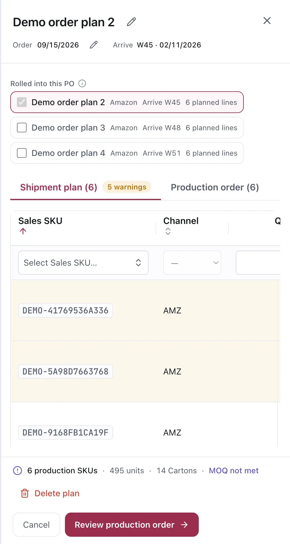 A shipment-plan drawer showing the plan dates, related plans rolled into the same production order, Shipment plan and Production order tabs, planned Sales SKU lines, warning count, production-unit total, carton total, and MOQ status. Plan names, SKUs, dates, quantities, and figures are sanitized demo data.