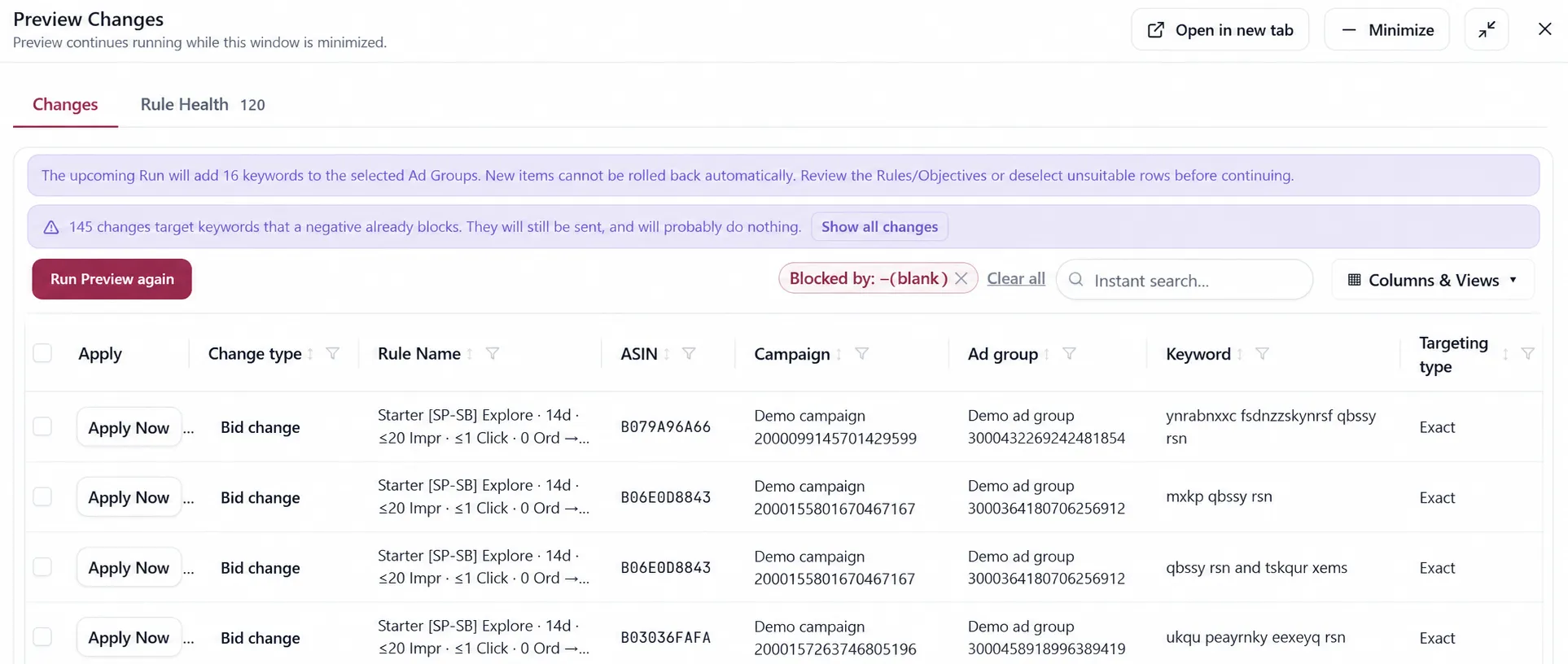 Preview Changes showing filters, warnings, and the changes table