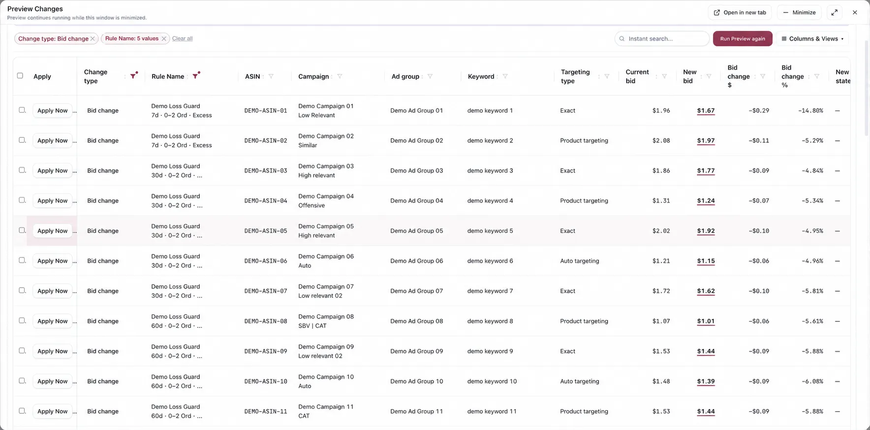 The Preview Changes window. Filter chips for change type and rule name sit above the table with a Clear all link, and an instant search field, a Run Preview again button and a Columns and Views menu sit opposite them. The table gives each change a row: an Apply Now button, the change type, the rule that produced it with its window beneath the name, the ASIN, campaign, ad group and keyword it lands on, the targeting type, the current bid beside the new bid, and the change in dollars and percent. All product and campaign values are demo replacements.