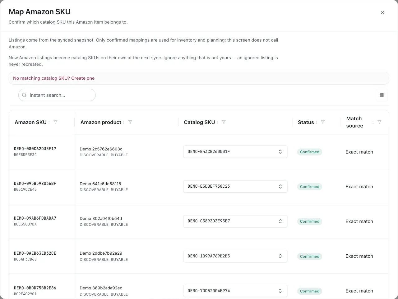 The Map Amazon SKU dialog. Each synced Amazon listing is shown beside its selected Catalog SKU, mapping status, and match source; only confirmed mappings feed inventory and planning. Product names, SKUs, marketplace identifiers, and statuses are sanitized demo data.
