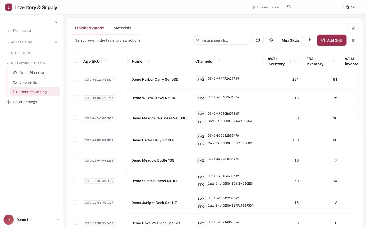Product Catalog with Finished goods selected. Search, refresh, mapping, import, and add-SKU controls sit above a table of App SKUs, product names, channel mappings, and inventory by channel. Product names, SKUs, marketplace identifiers, and figures are sanitized demo data.