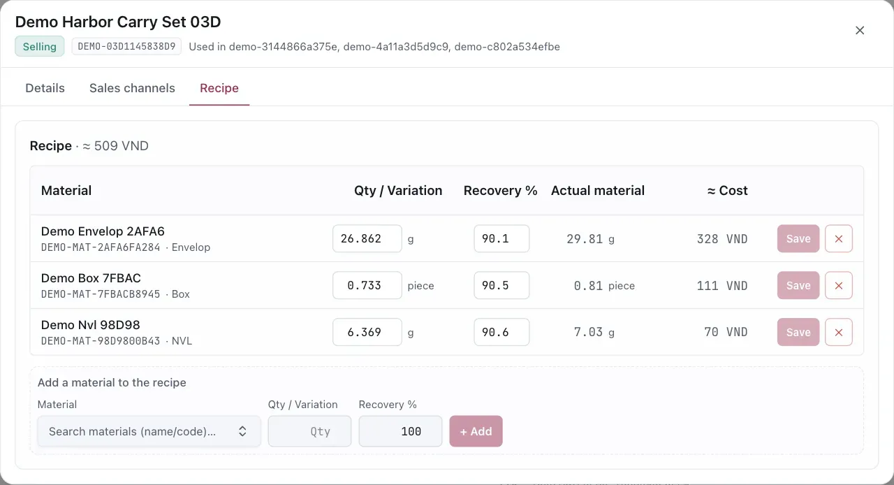A finished good’s Recipe tab. Each row shows a material, quantity per variation, recovery percentage, actual material requirement, and approximate cost, followed by controls for adding another material. Product names, SKUs, quantities, and costs are sanitized demo data.