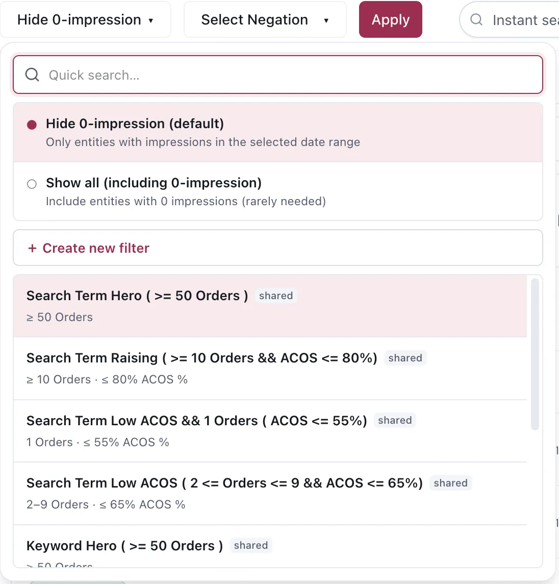 The quick filter dropdown. Built-in options hide or show zero-impression entities. Below them a list of saved filters, each showing its conditions underneath its name and marked as shared.