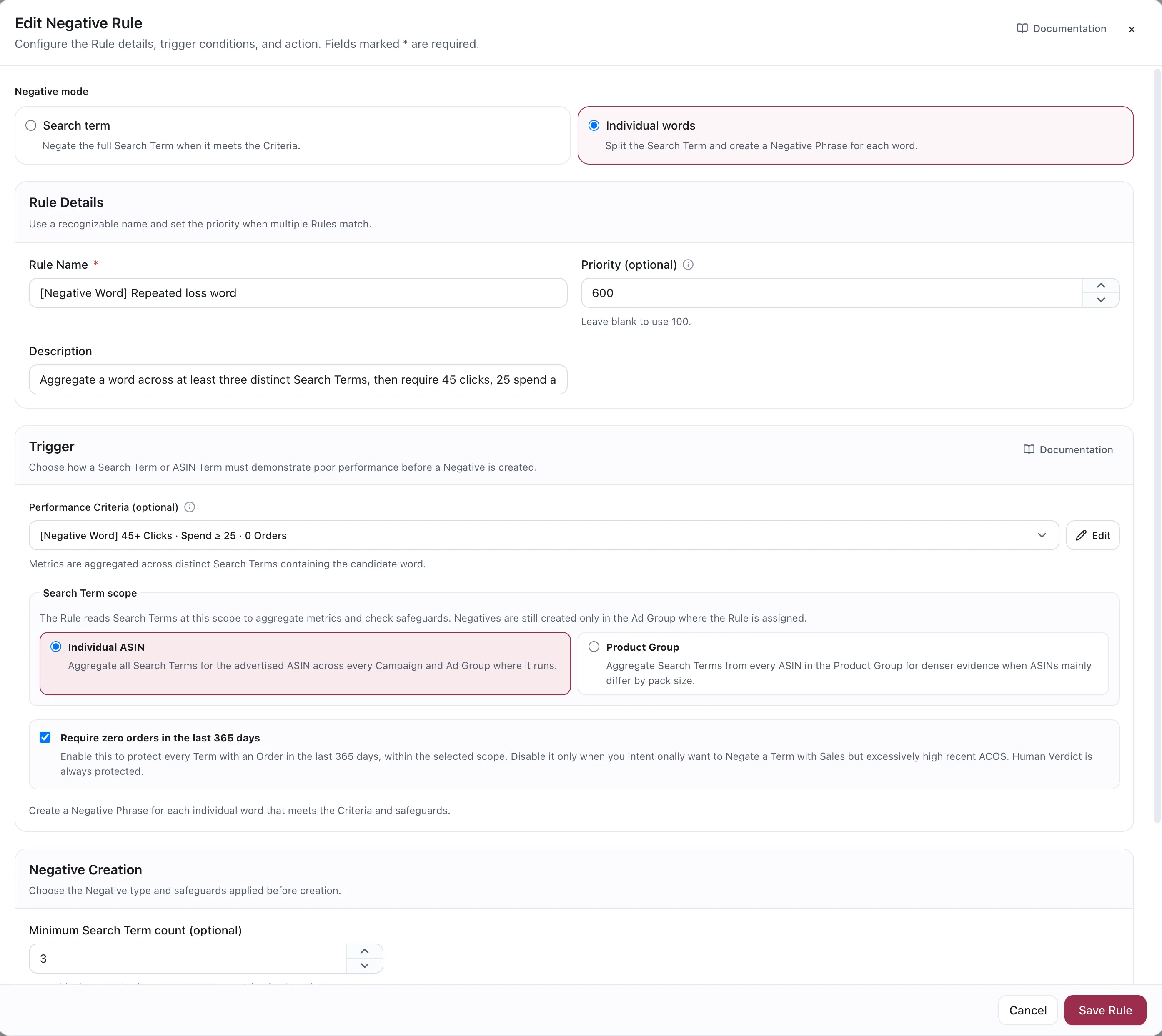 The Edit Negative Rule dialog with Individual words selected. Negative mode offers Search term or Individual words. Below it Rule Details with a name, priority and description, then a Trigger section with an optional Performance Criteria, a Search Term scope of Individual ASIN or Product Group, and a checkbox requiring zero orders in the last 365 days. A Negative Creation section sets the minimum Search Term count.