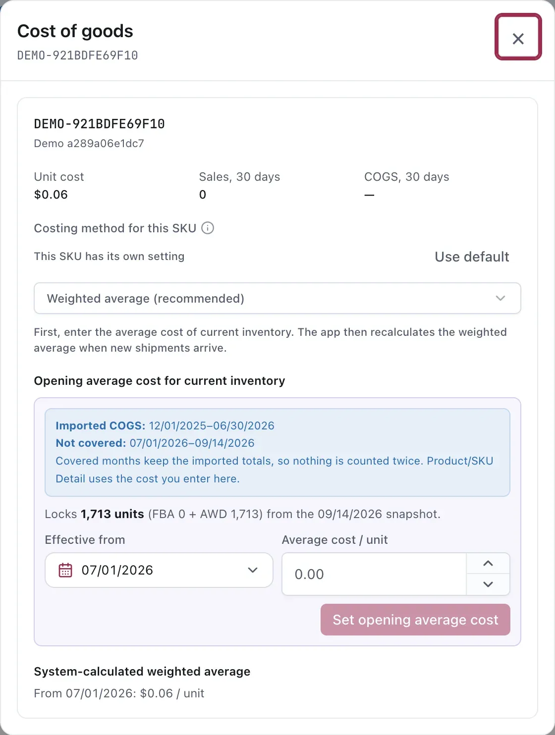 The Cost of goods dialog for one SKU. It shows the current unit cost, recent sales and COGS, the SKU’s costing method, imported-history coverage, the effective date and opening average-cost fields, and the system-calculated weighted average. Product names, SKUs, dates, and figures are sanitized demo data.