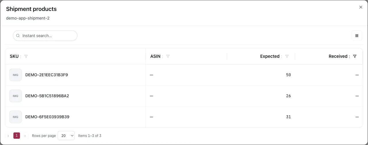 The Shipment products dialog listing each SKU in an inbound shipment with its ASIN, expected quantity, and received quantity. SKUs and quantities are sanitized demo data.