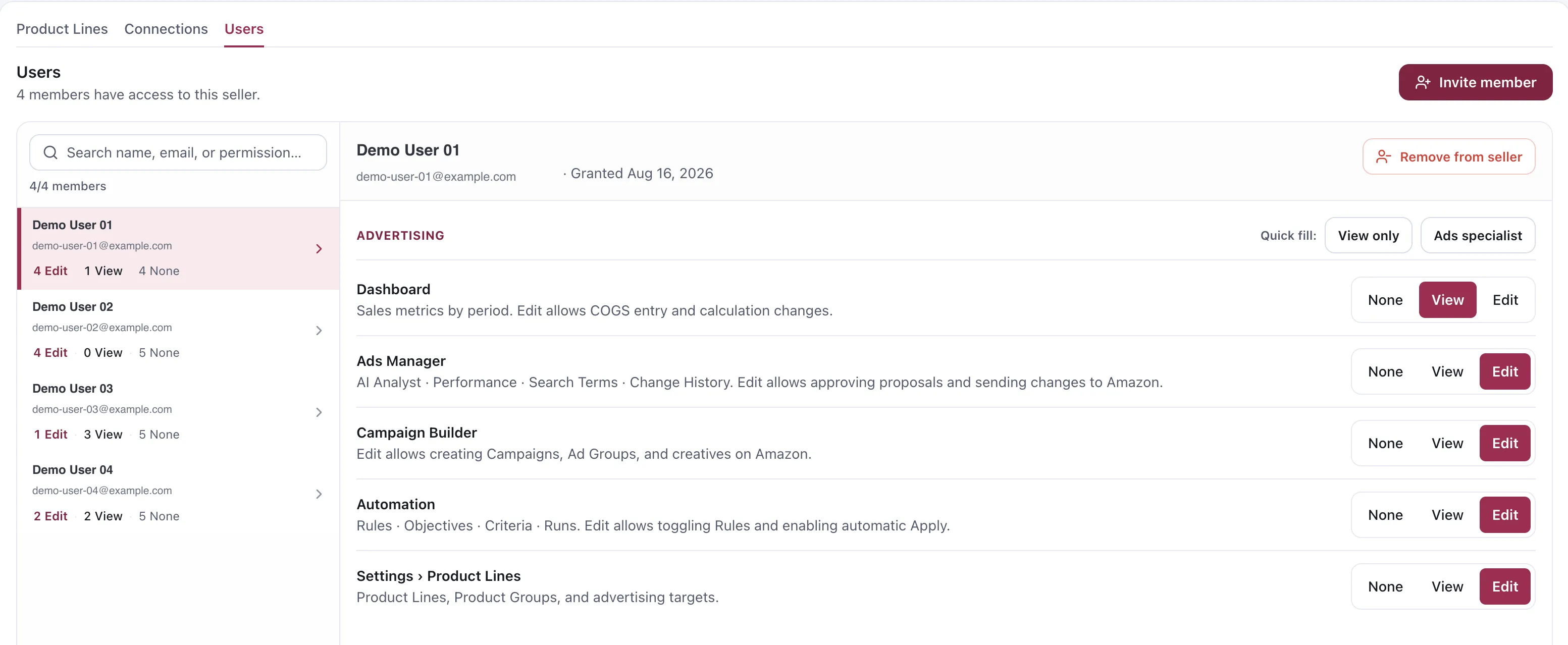 The Users tab with a member selected. An Advertising section lists Dashboard, Ads Manager, Campaign Builder, Automation and Settings Product Lines, each with a None, View and Edit selector, and a Quick fill offering View only or Ads specialist. Member names and addresses are demo replacements.