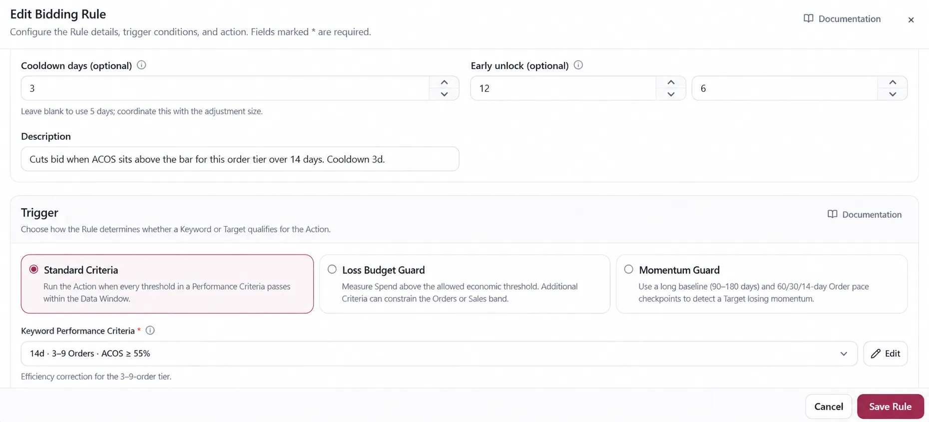 The Trigger section of the Bidding Rule editor showing criteria and trigger modes