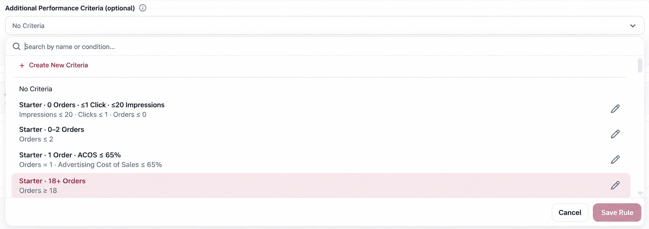 Additional Performance Criteria selector showing available order and ACOS bands